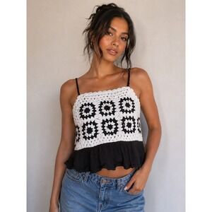 Rebellion‎ Again Crochet Granny Square Camisole Top Black White Boho Festival